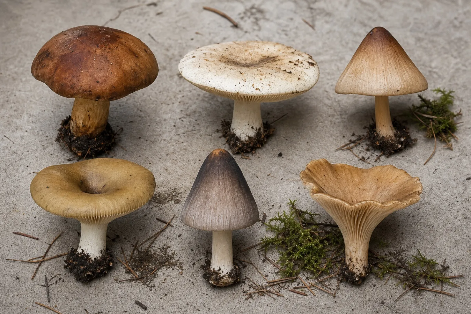 Educational arrangement showing several common mushroom cap profiles