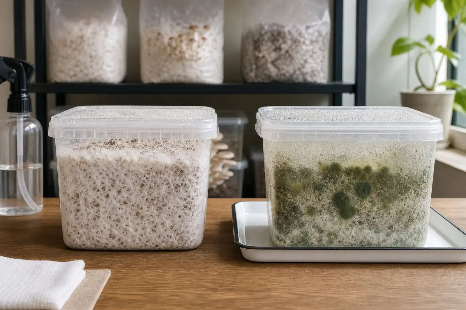 Side-by-side grow containers showing healthy white mycelium and green mold contamination