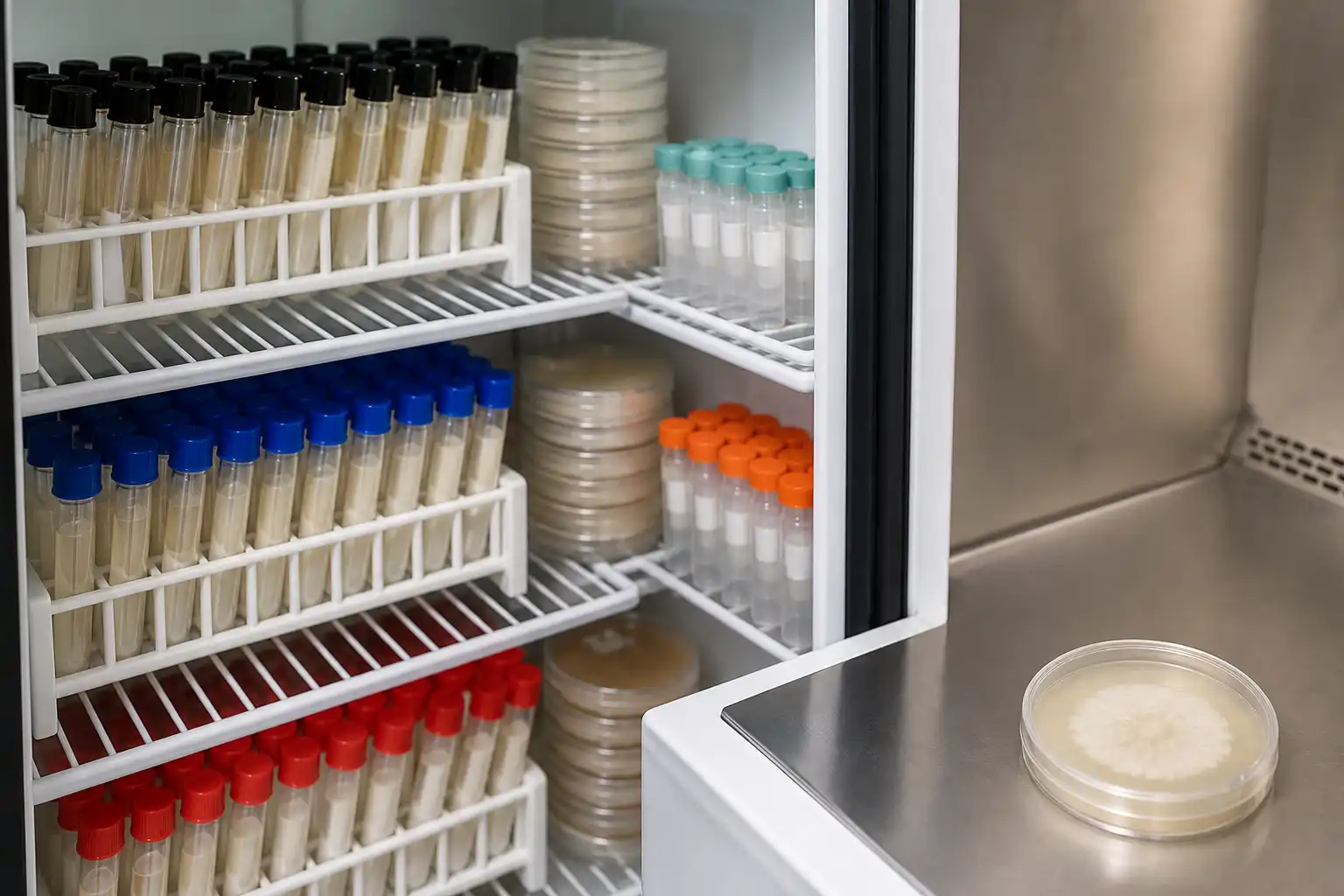 Original editorial image illustrating mushroom culture storage: working plates, slants, and inventory