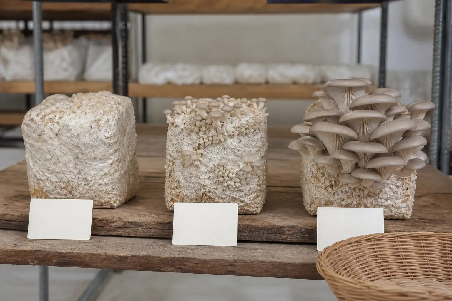 Original editorial image showing oyster mushroom blocks at rest, pinning, and mature later-flush stages