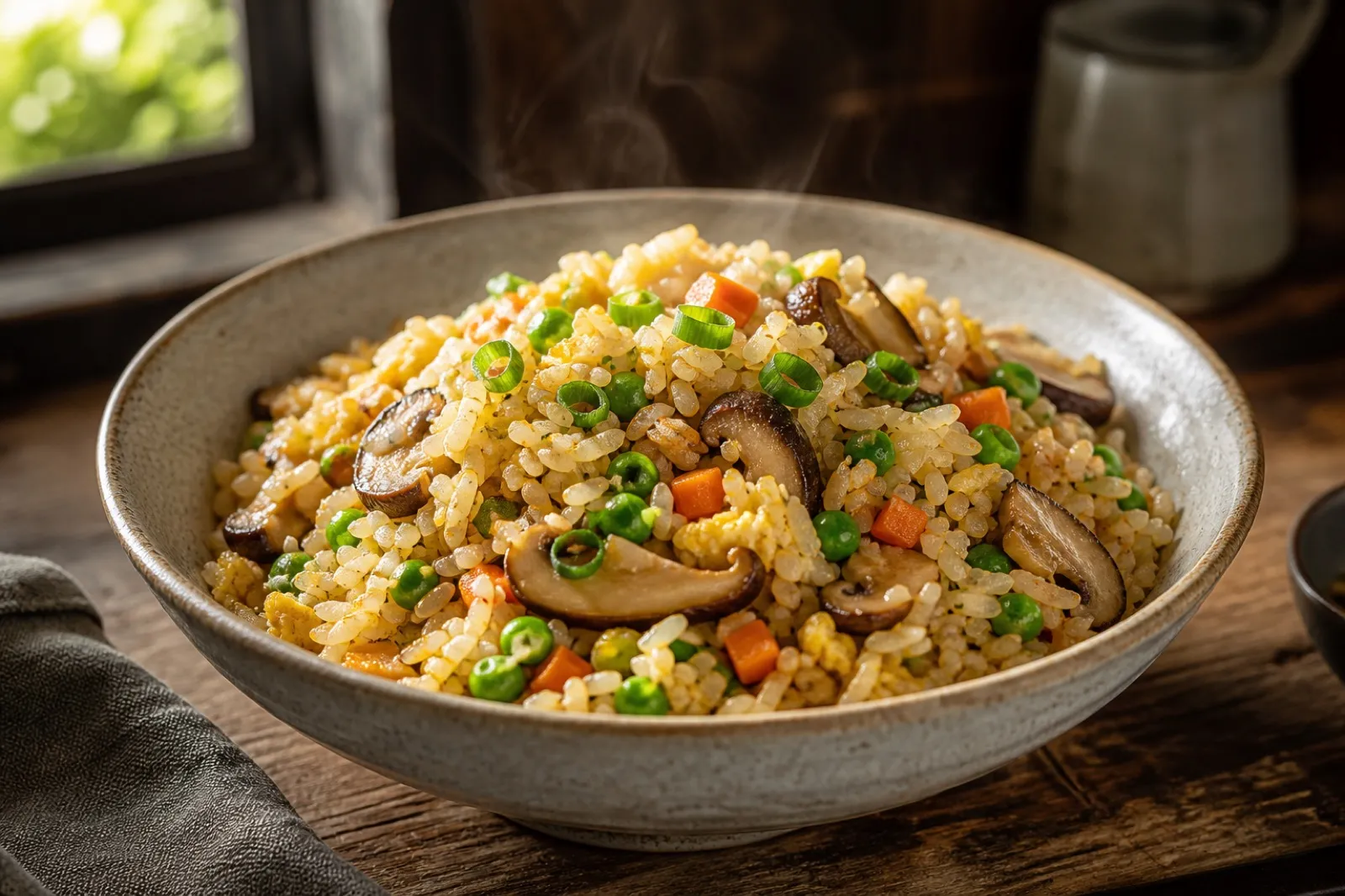 Bowl of mushroom fried rice with peas, carrots, egg, and scallions