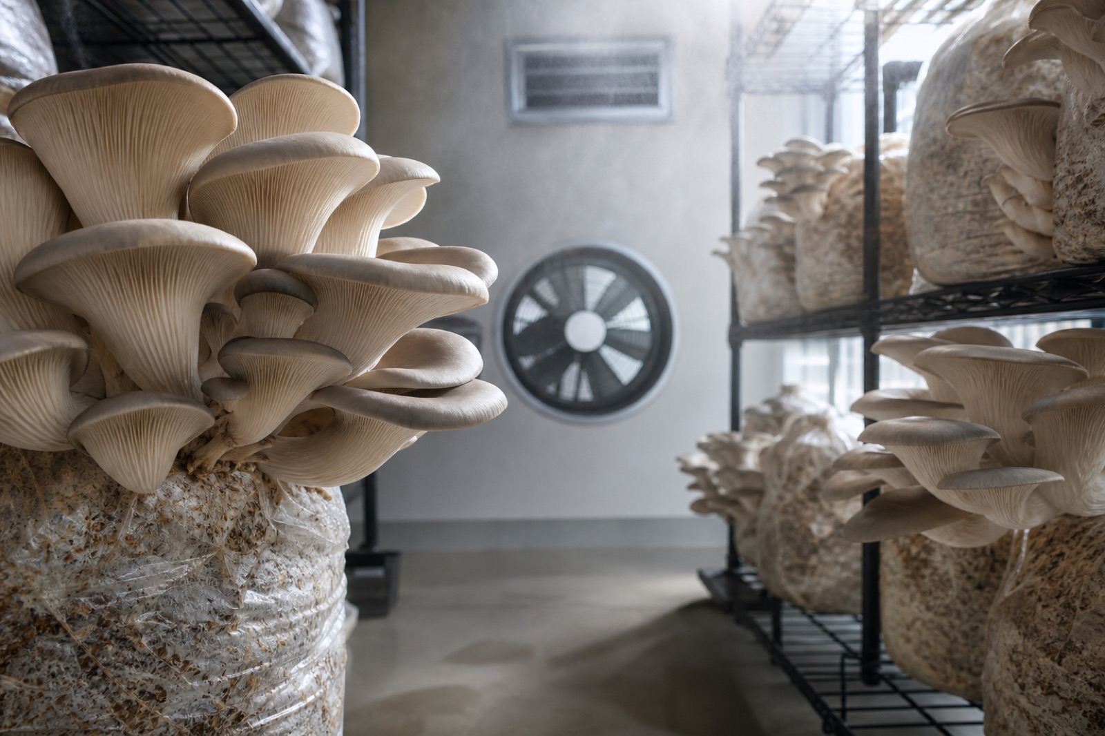 Indoor oyster mushroom fruiting room with humidity and ventilation equipment