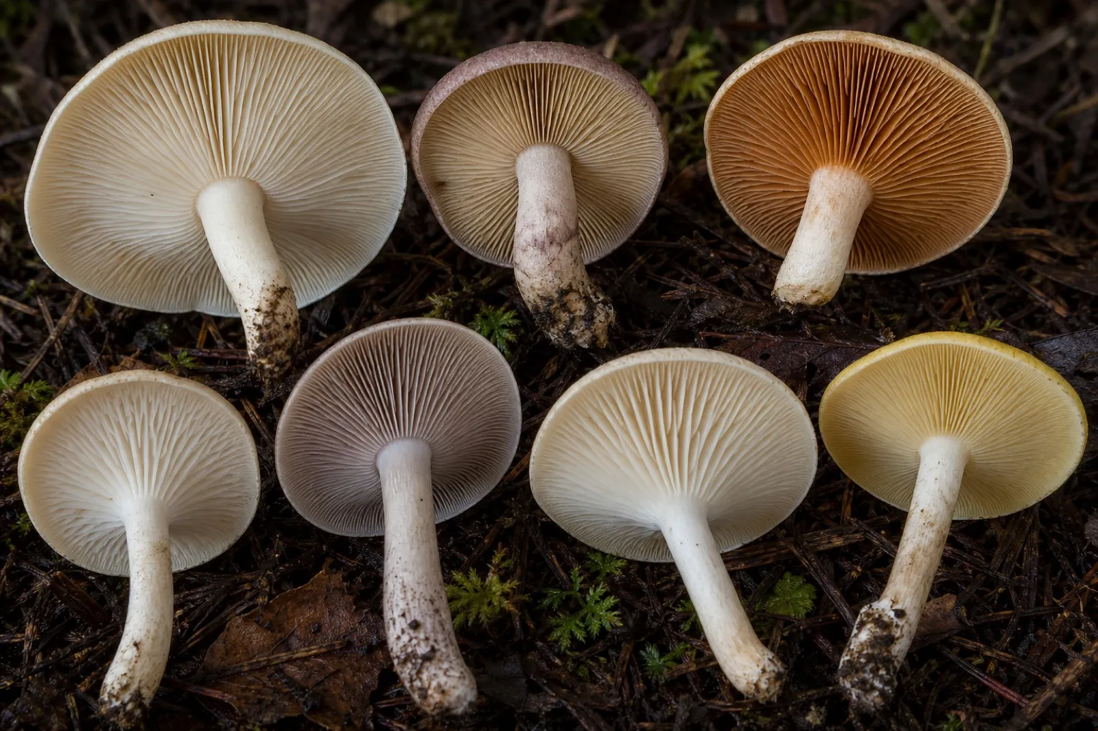 Underside comparison illustrating several mushroom gill attachment patterns