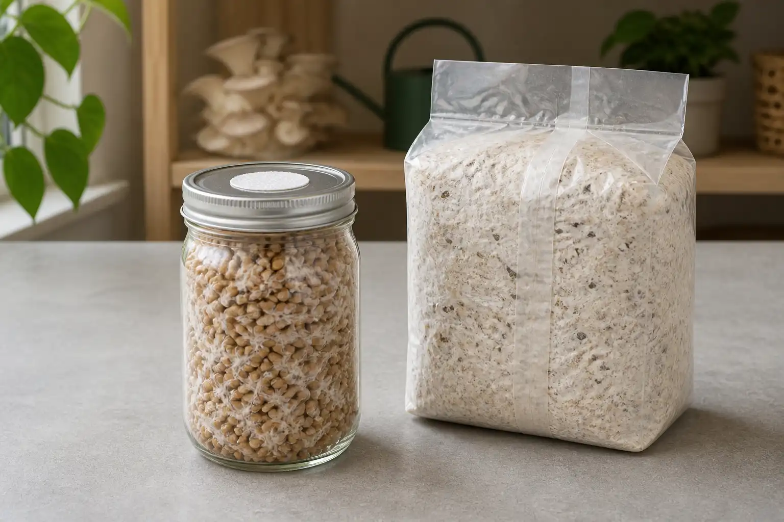 Sealed jar of colonized grain spawn beside a packaged mushroom growing block on a clean work surface