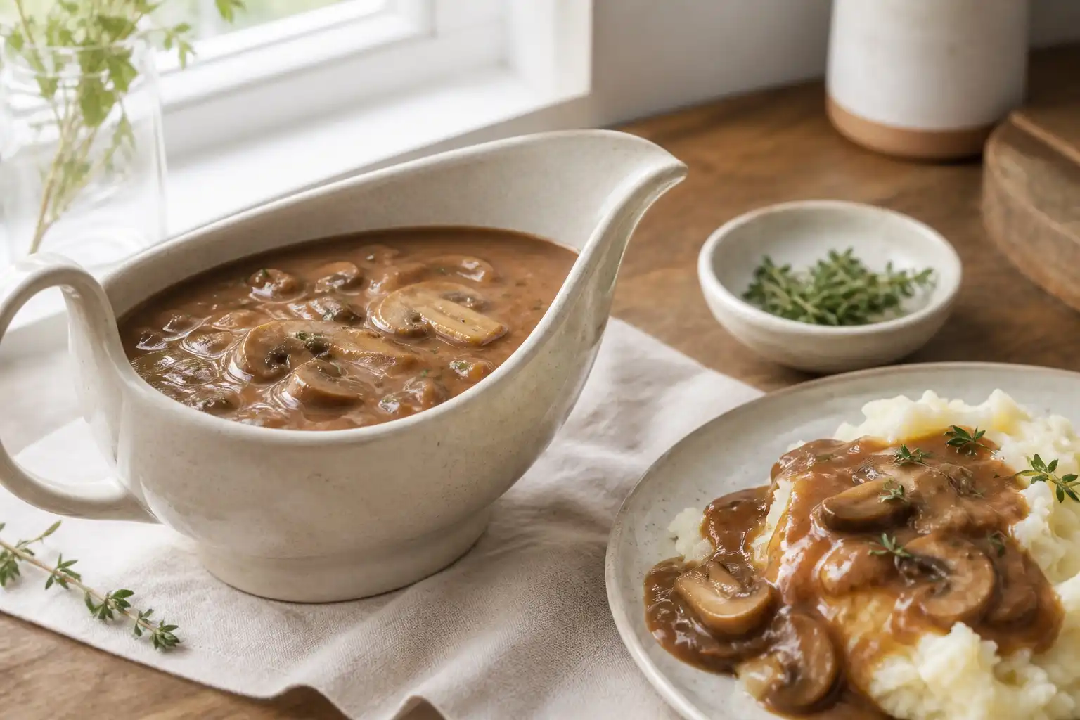Brown mushroom gravy with sliced mushrooms in a ceramic gravy boat beside mashed potatoes