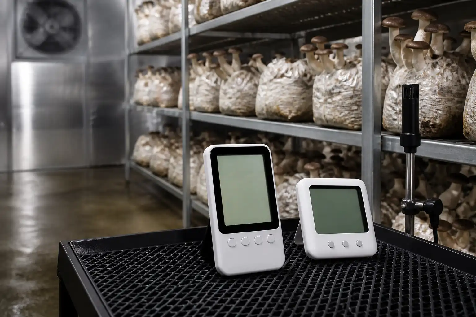 Original editorial image illustrating mushroom grow-room sensors: placement, calibration, and logs