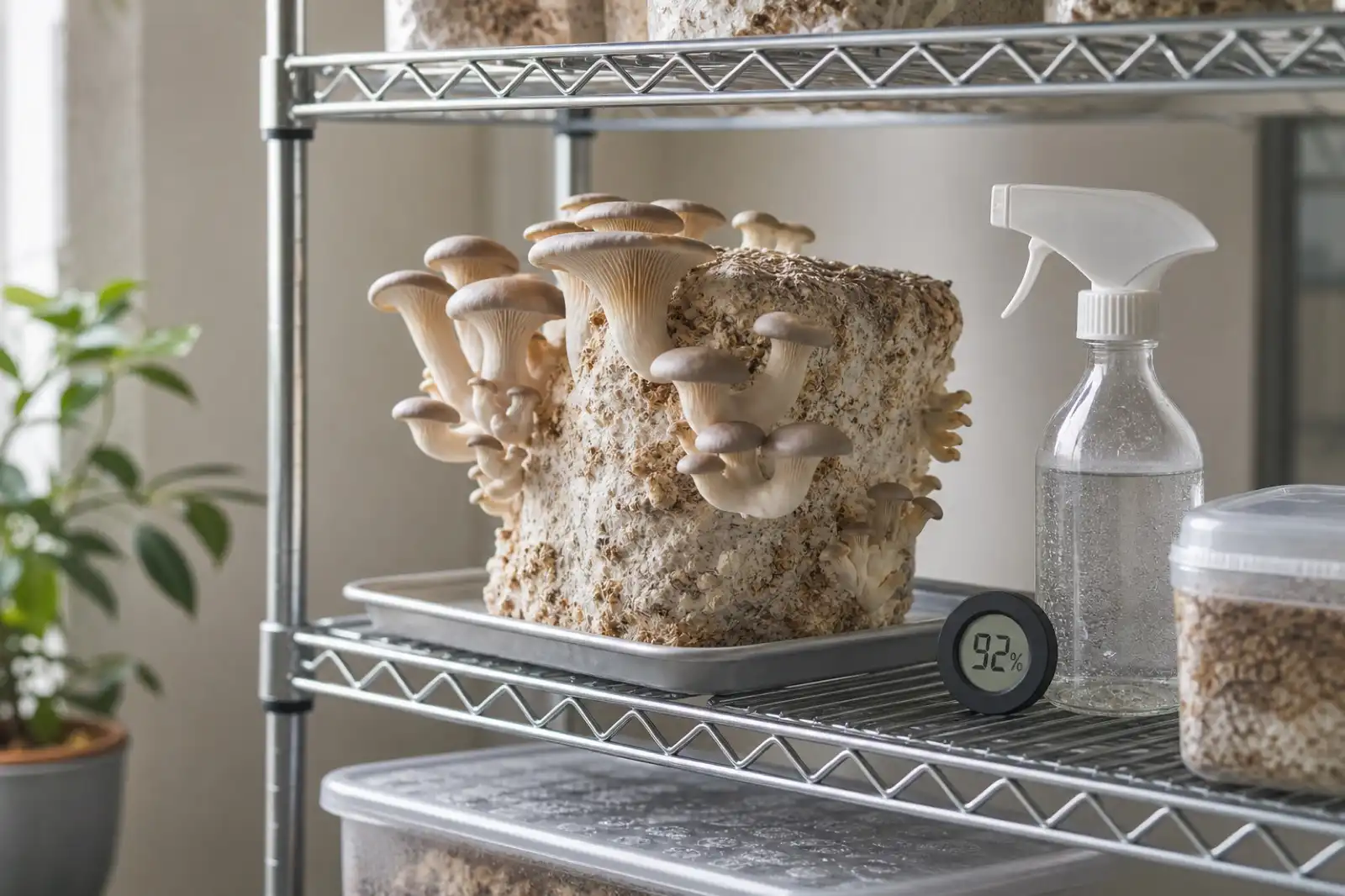 Beginner mushroom grow block with spray bottle and humidity meter