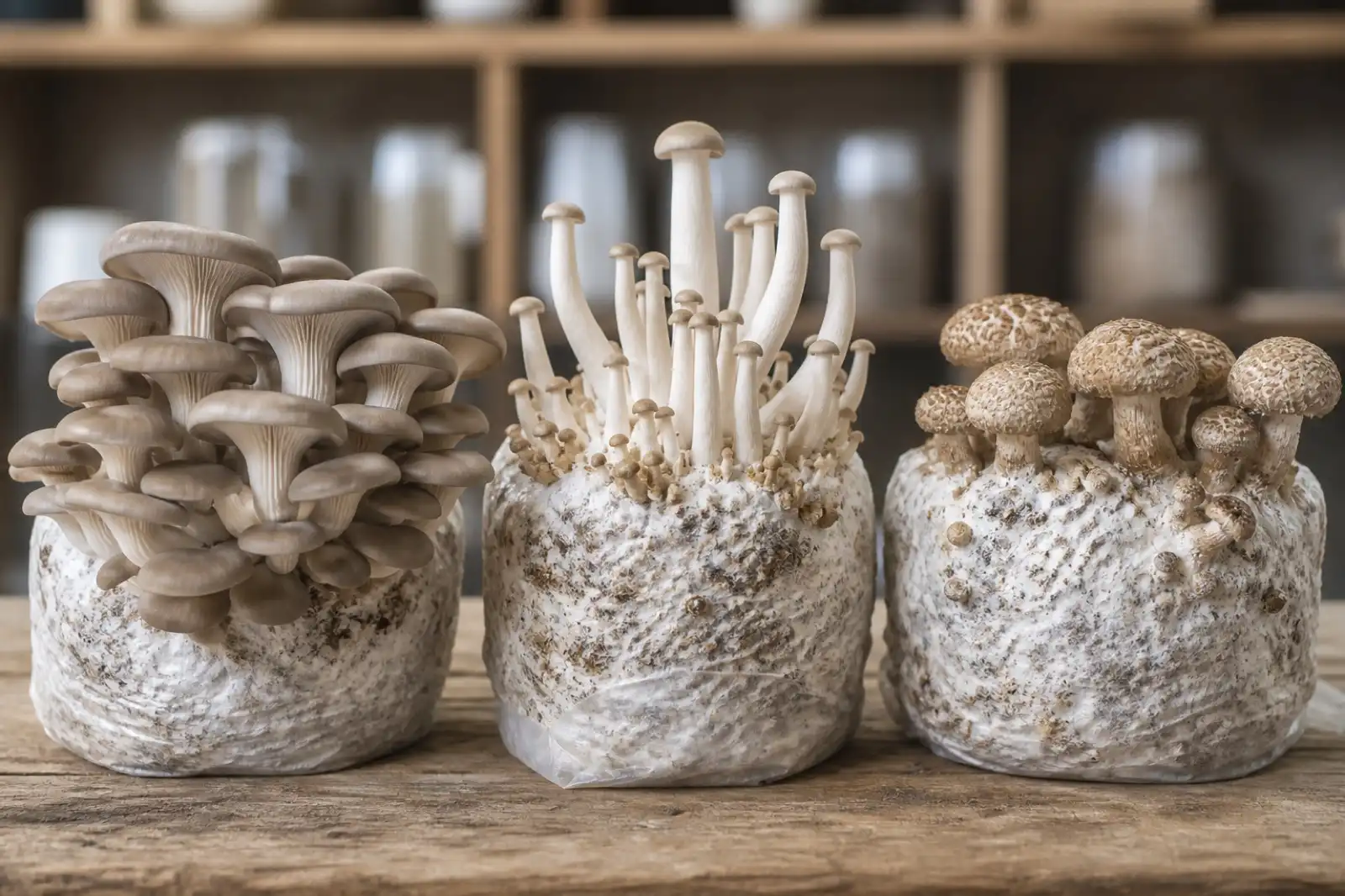 Cultivated mushroom blocks displaying different fruiting outcomes