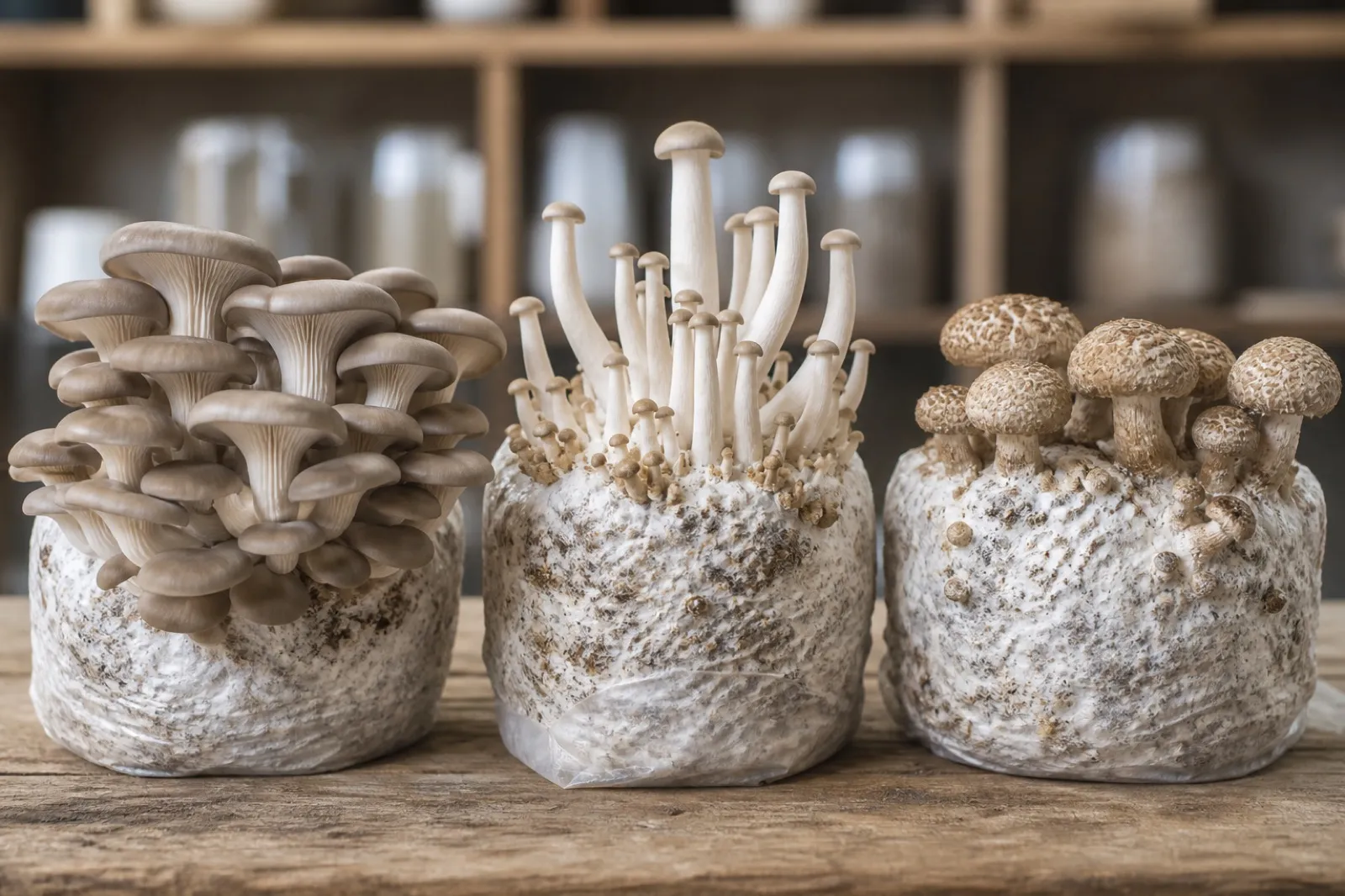 Cultivated mushroom blocks displaying different fruiting outcomes