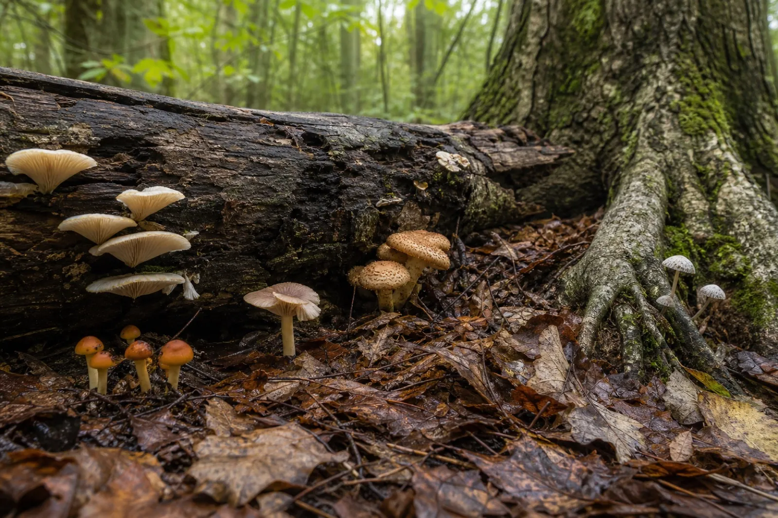 Forest habitat scene showing mushrooms in different substrate contexts