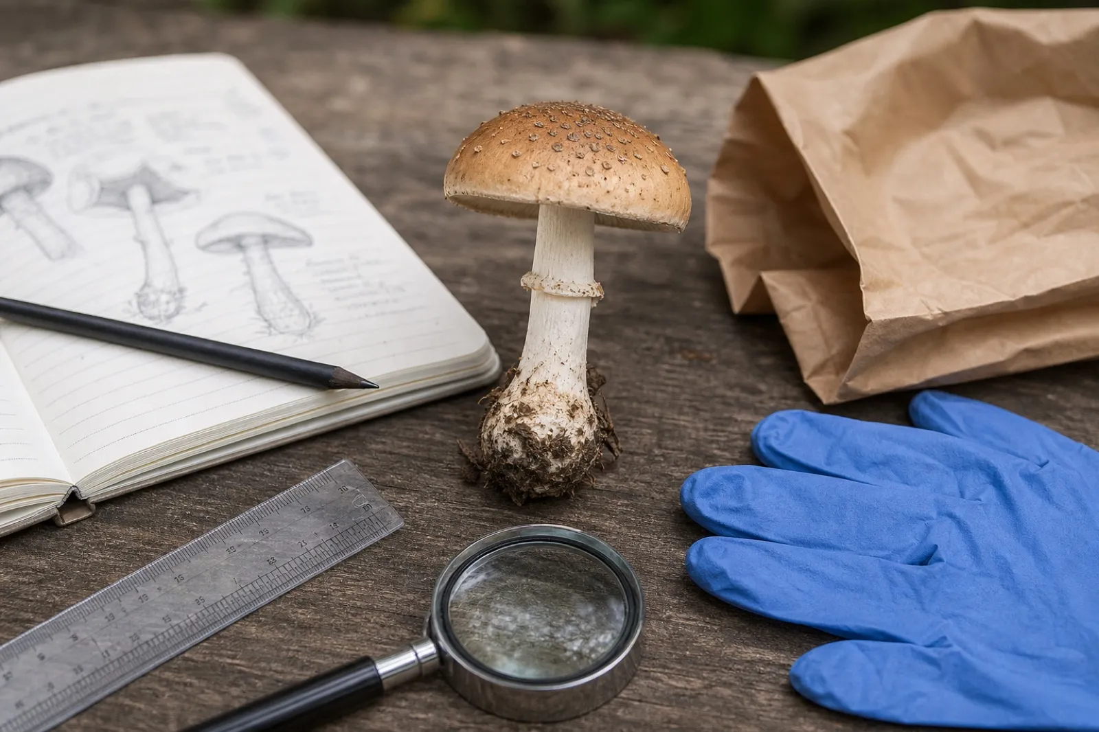 Complete mushroom specimen beside gloves, field notes, and a safety checklist