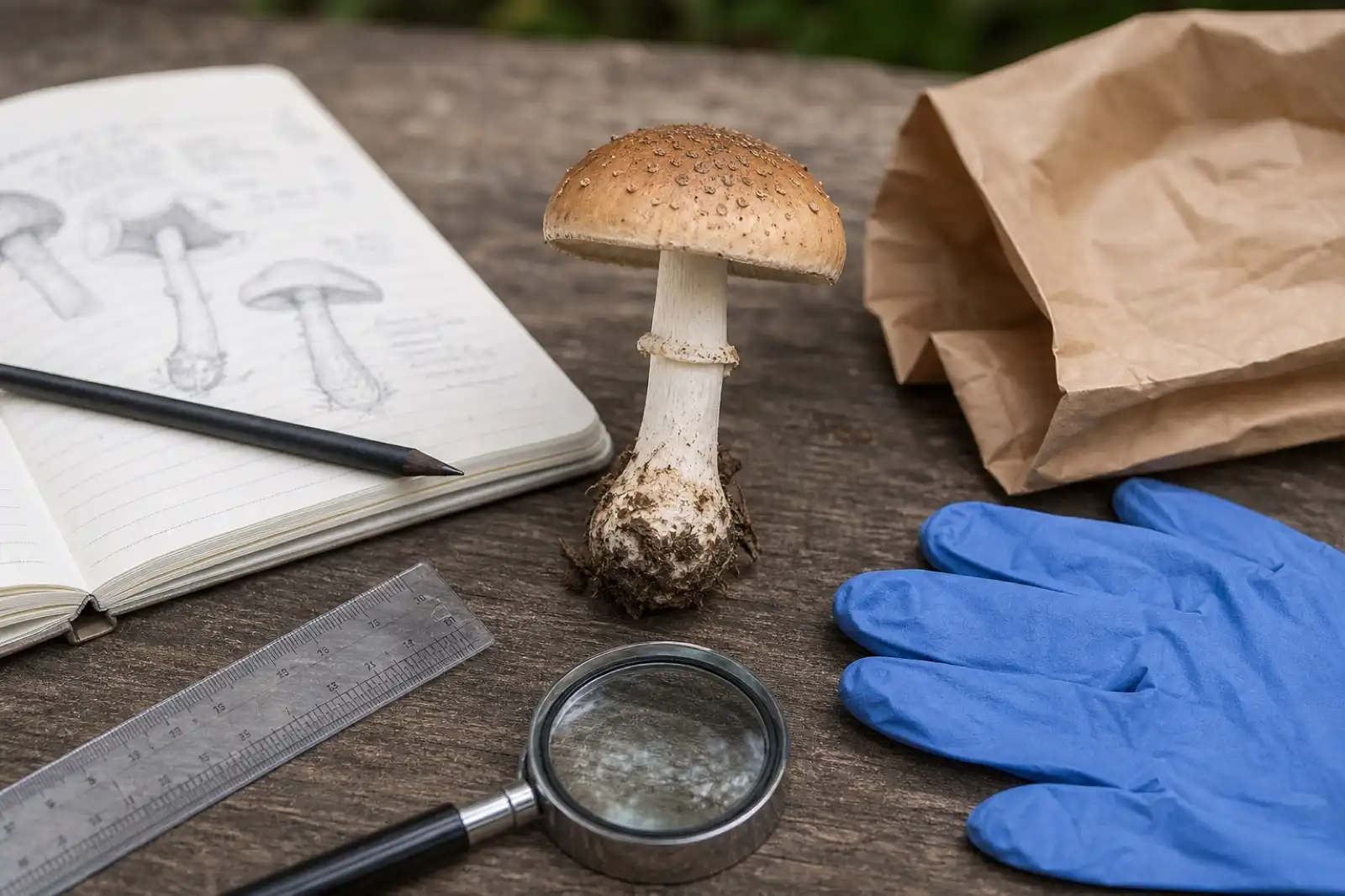 Complete mushroom specimen beside gloves, field notes, and a safety checklist