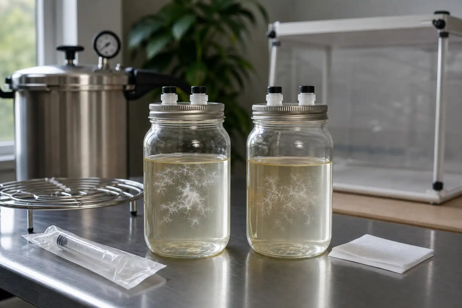 AI editorial illustration of two clear liquid-culture jars with white mycelial wisps on a clean workbench