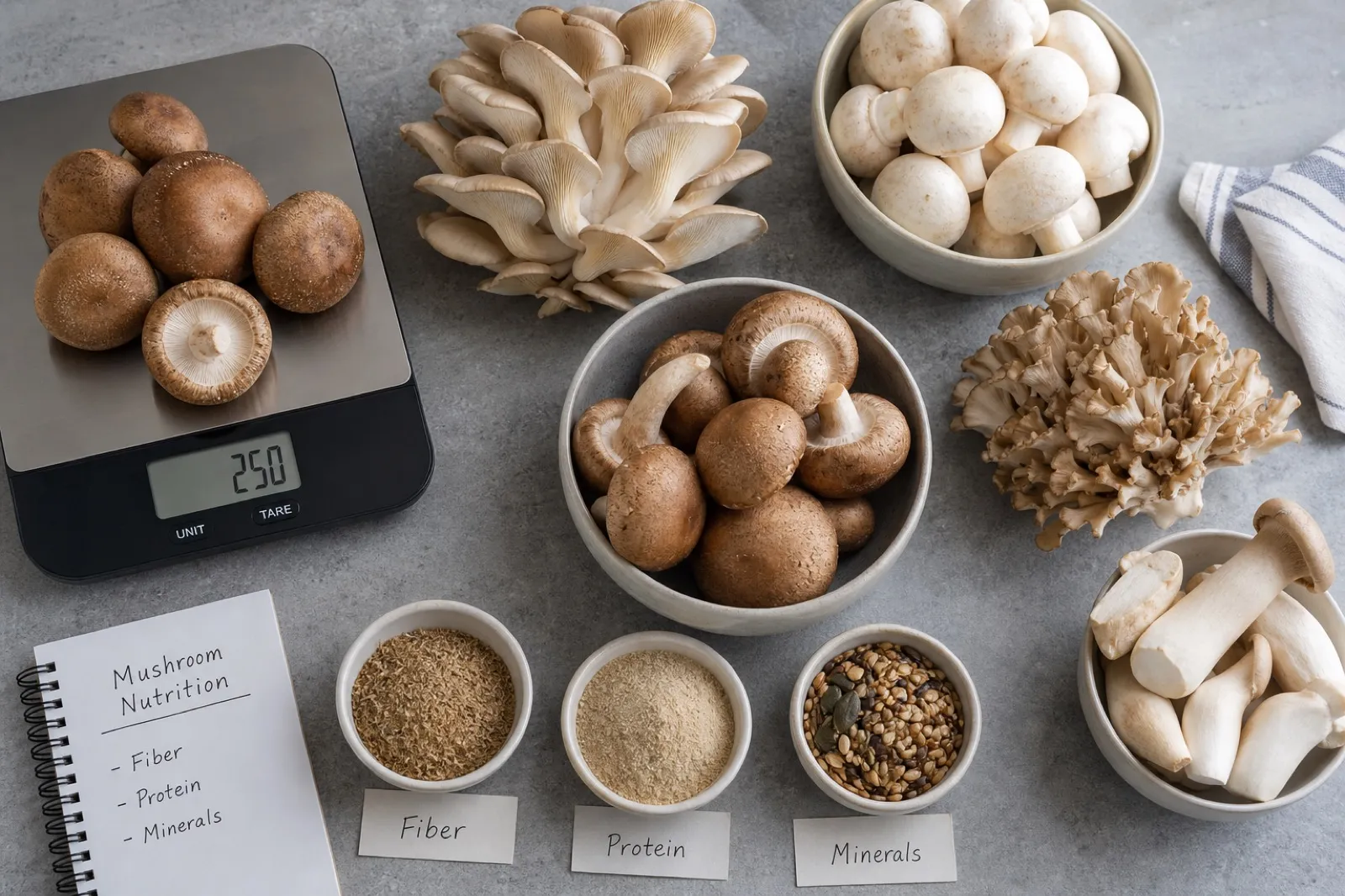 Assorted cultivated mushrooms arranged for a nutrition overview