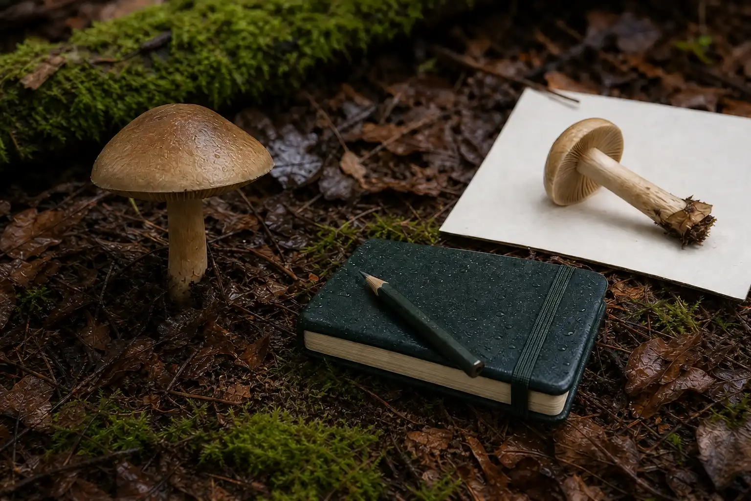 An unidentified brown mushroom, a matching collected specimen, and a closed field notebook on a damp forest floor