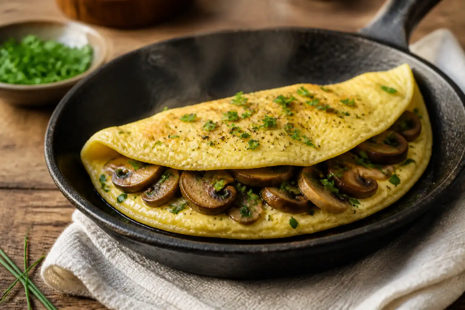 AI editorial illustration of a folded golden omelet filled with browned cremini mushrooms and fresh herbs