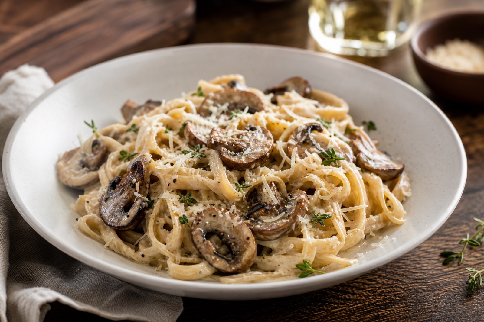 Creamy mushroom pasta with cultivated mushrooms, herbs, and grated cheese