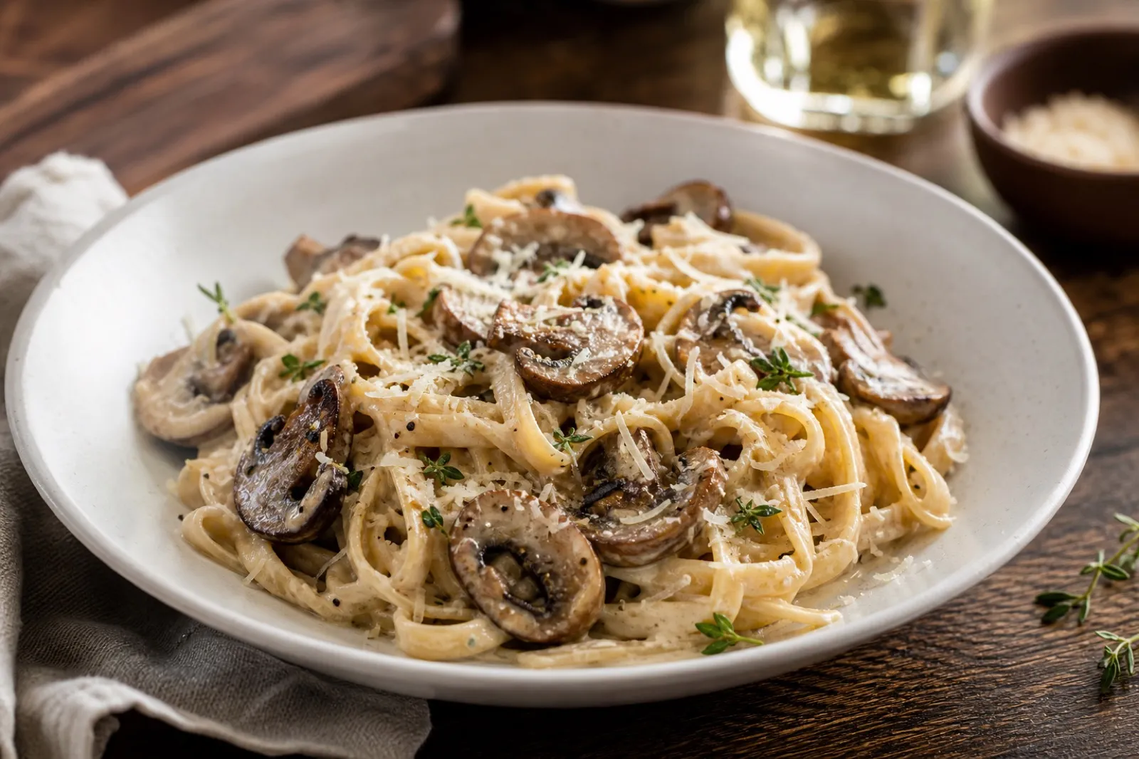 Creamy mushroom pasta with cultivated mushrooms, herbs, and grated cheese