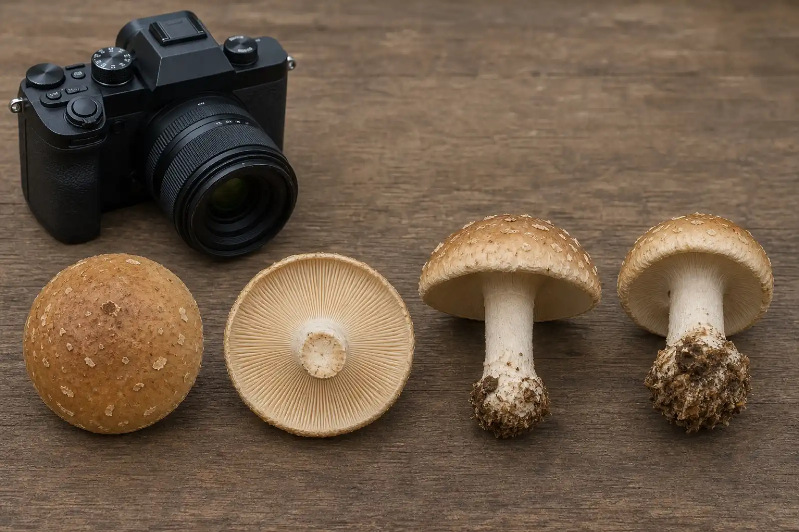 Mushroom photographed from multiple angles with scale and habitat context