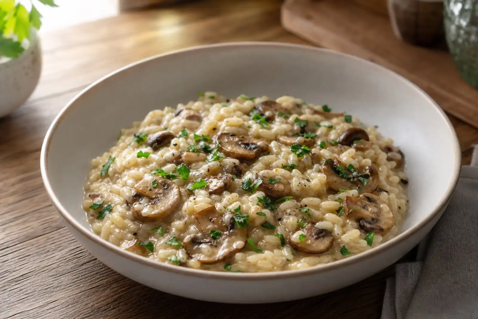 Creamy mushroom risotto finished with parsley and browned cultivated mushrooms