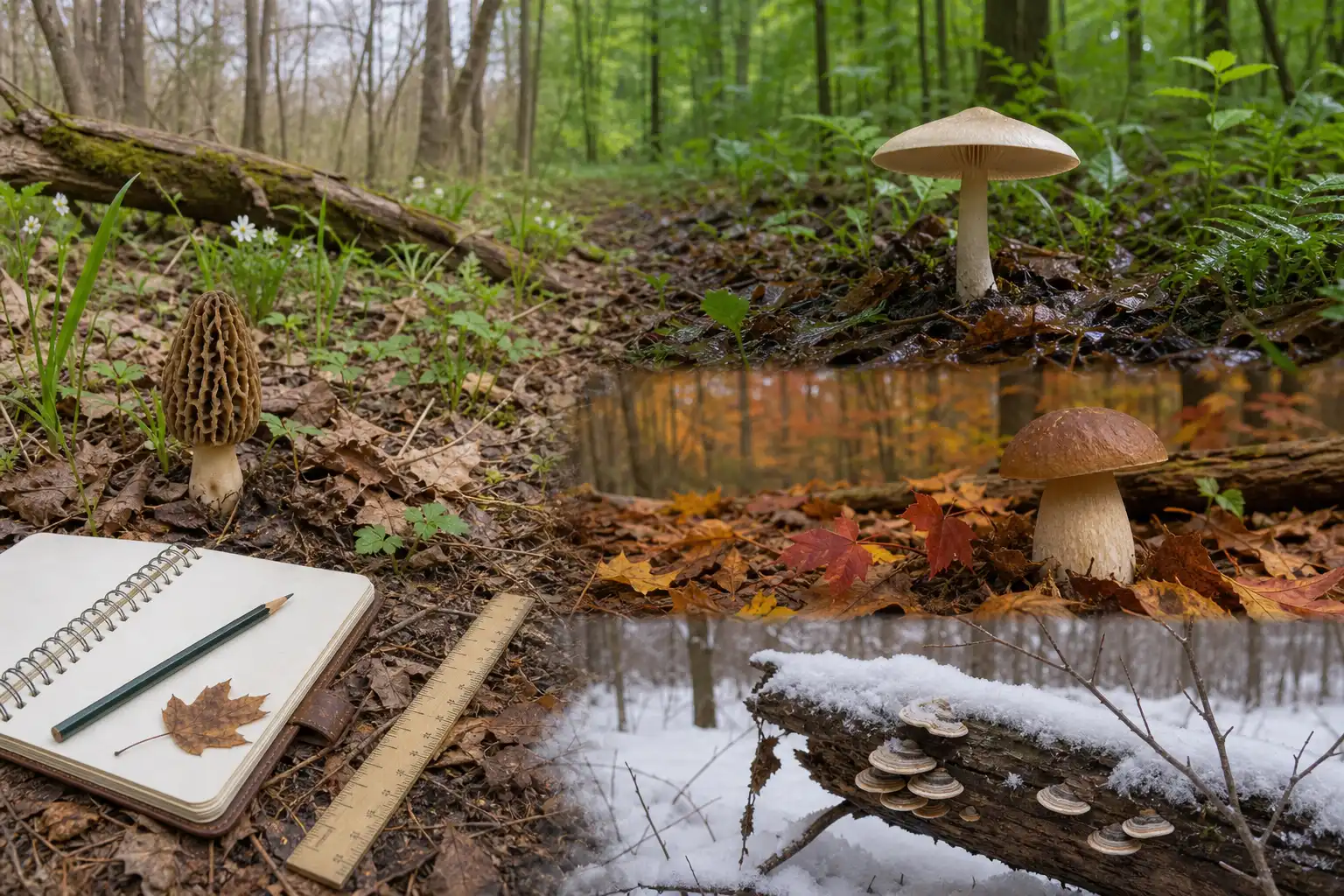 Seasonal woodland scenes with a notebook and ruler: a spring morel-like mushroom, summer gilled mushroom, autumn bolete-like mushroom, and winter bracket fungi