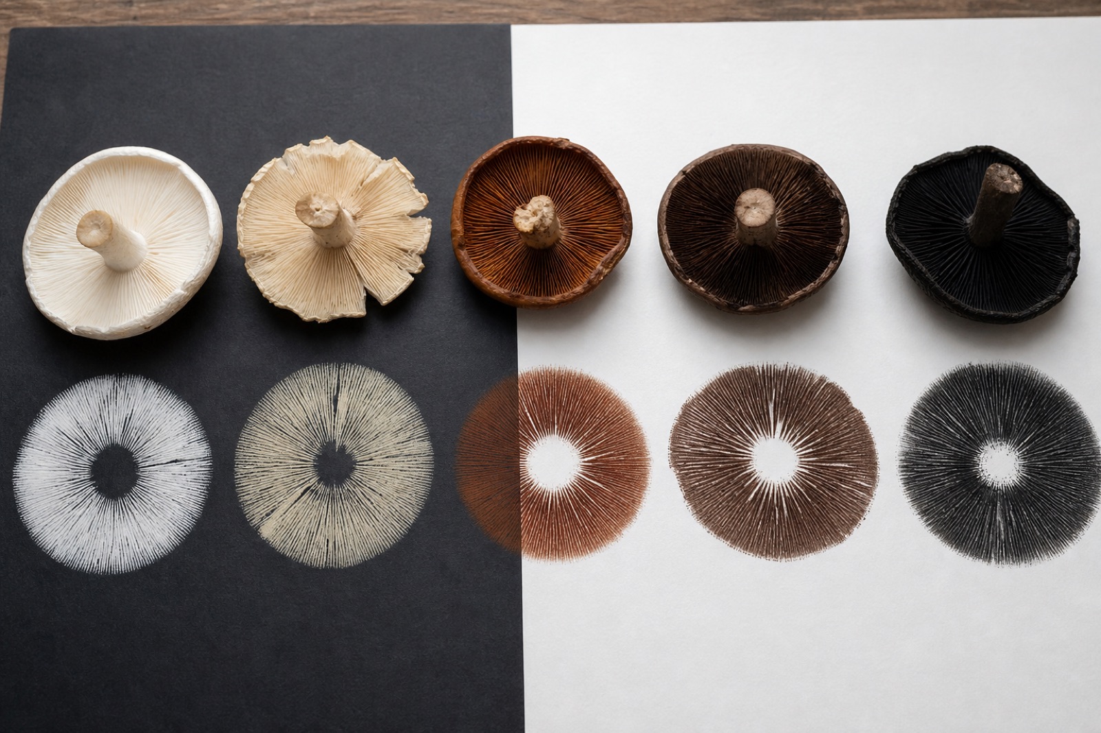 Mushroom caps and a set of spore prints in contrasting colors