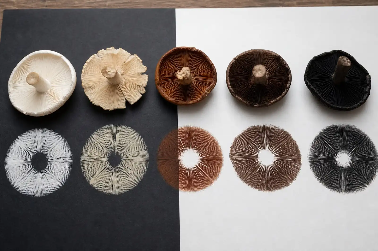 Mushroom caps and a set of spore prints in contrasting colors