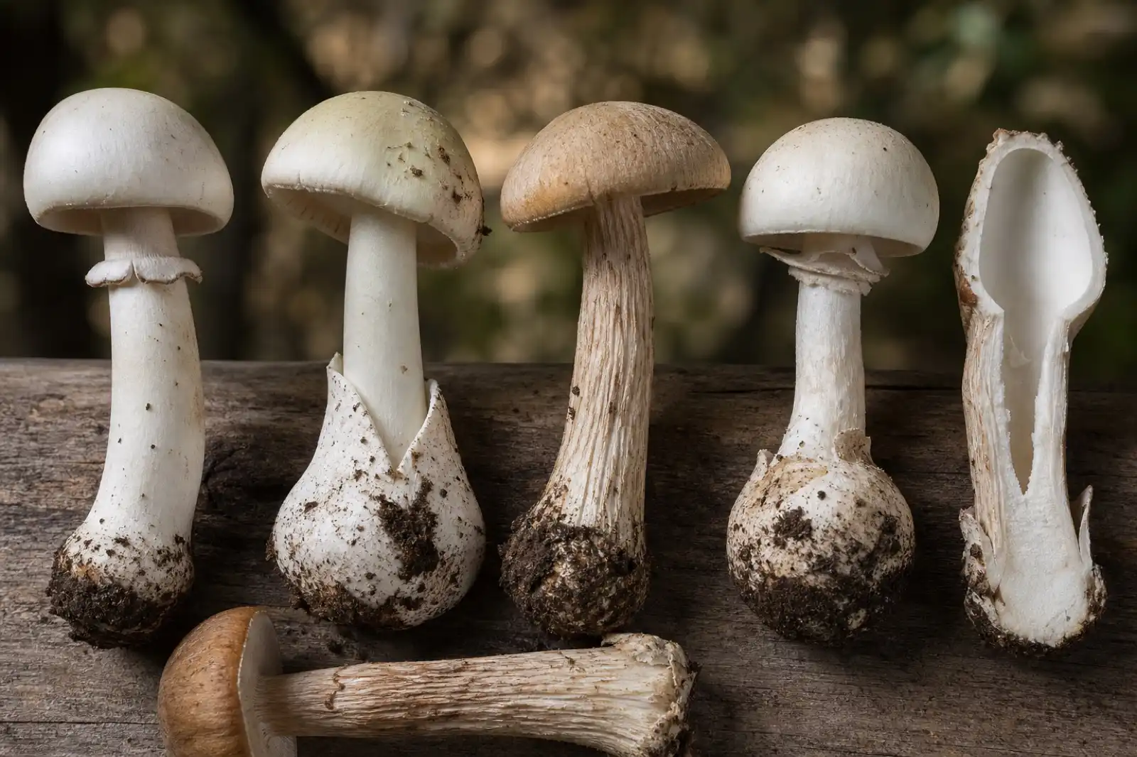 Educational mushroom stem comparison showing rings, bases, texture, and shape