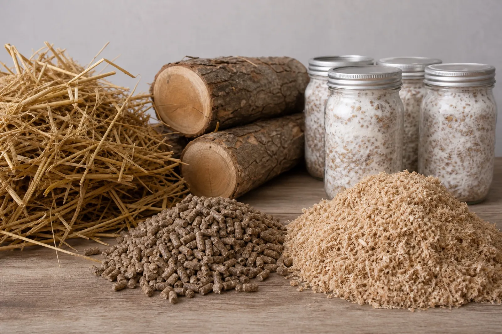 Clean arrangement of straw, hardwood pellets, sawdust, and logs used as mushroom substrates