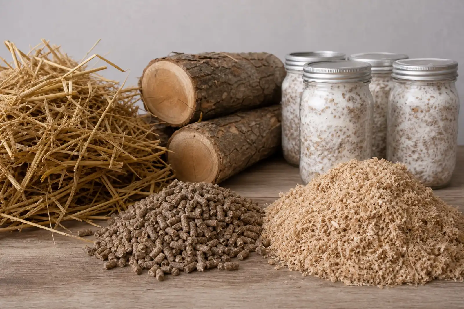 Clean arrangement of straw, hardwood pellets, sawdust, and logs used as mushroom substrates