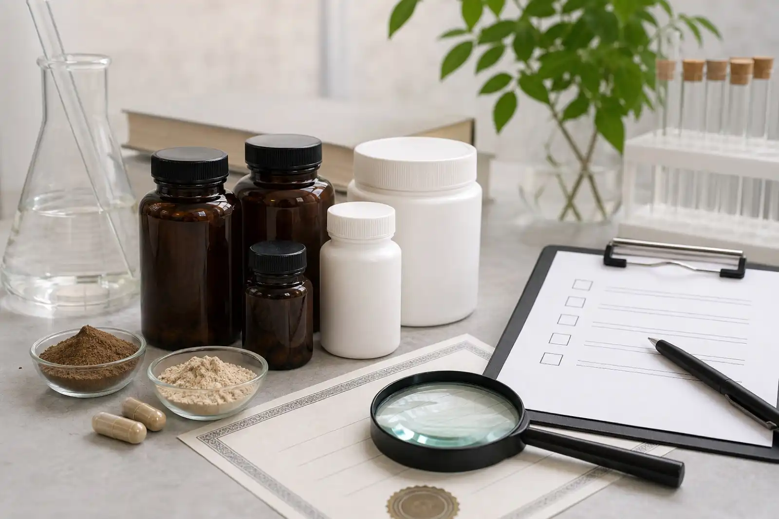 Unbranded mushroom supplement containers beside testing documents and inspection tools