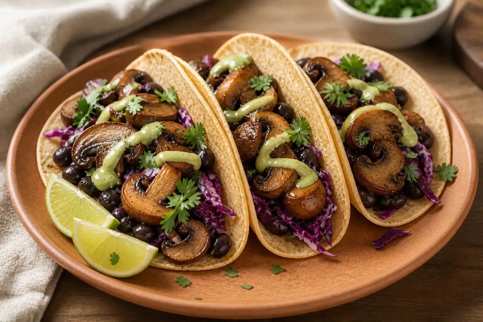Three corn tortillas filled with browned cremini mushrooms, black beans, red cabbage, cilantro, and lime wedges on a terracotta plate