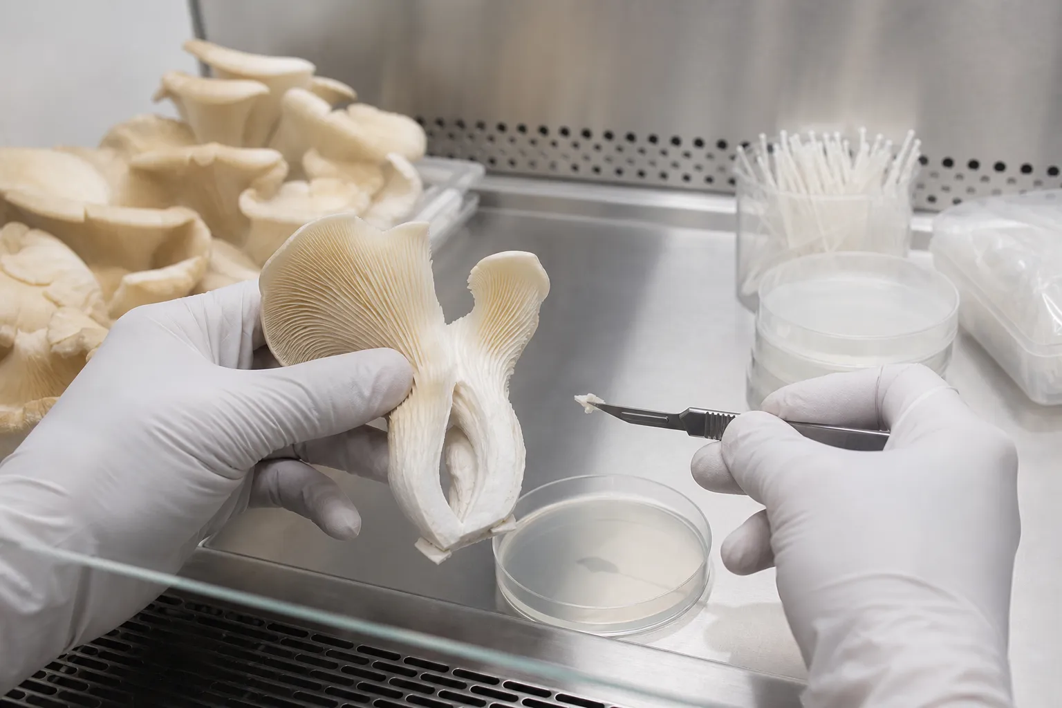 Original editorial image illustrating mushroom tissue cloning: from inner tissue to a clean culture