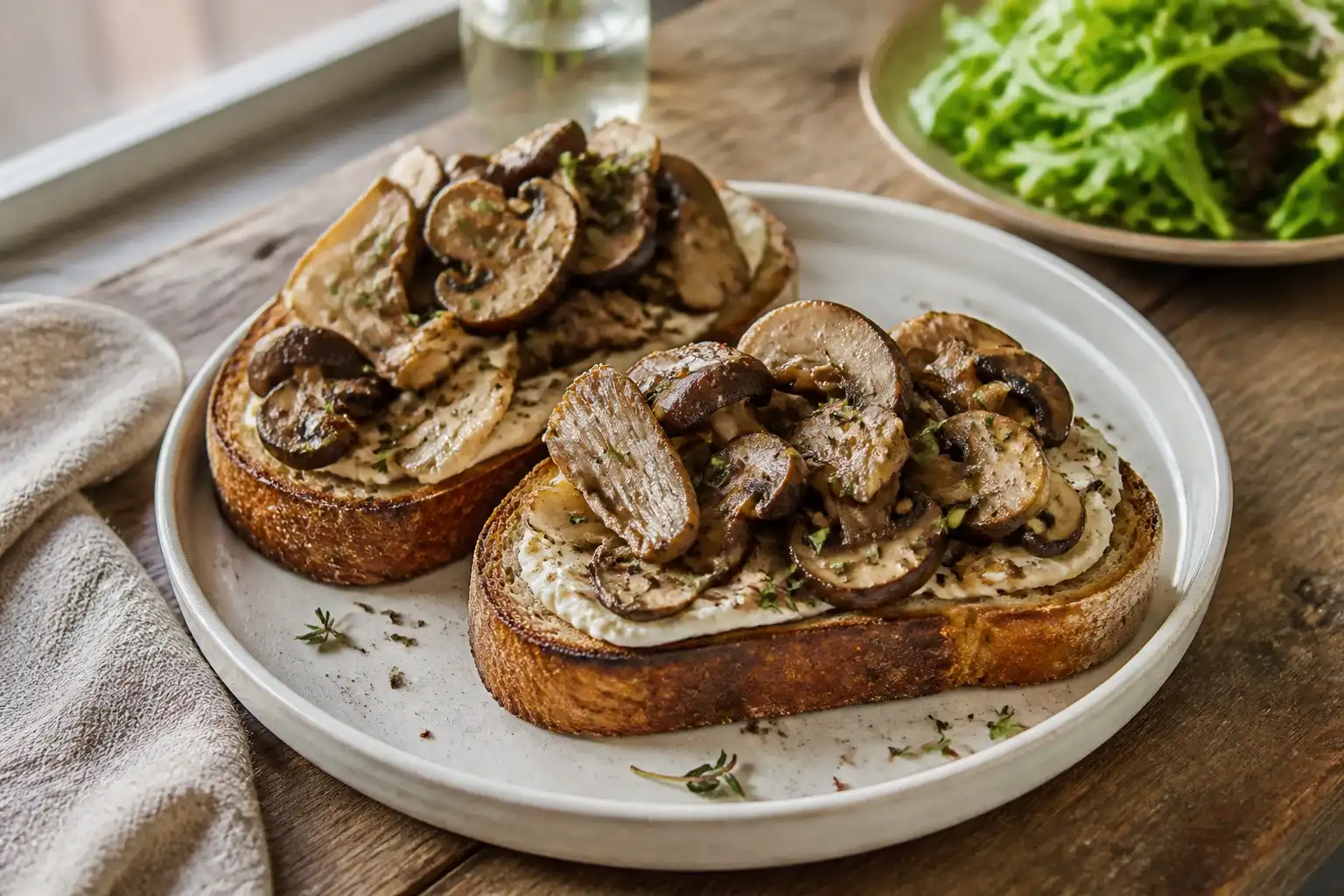 Two slices of toasted sourdough topped with browned cultivated mushrooms, a light spread, and thyme