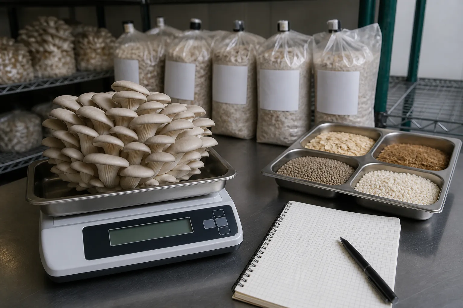 Original editorial image illustrating mushroom yield and biological efficiency: calculate comparable batches
