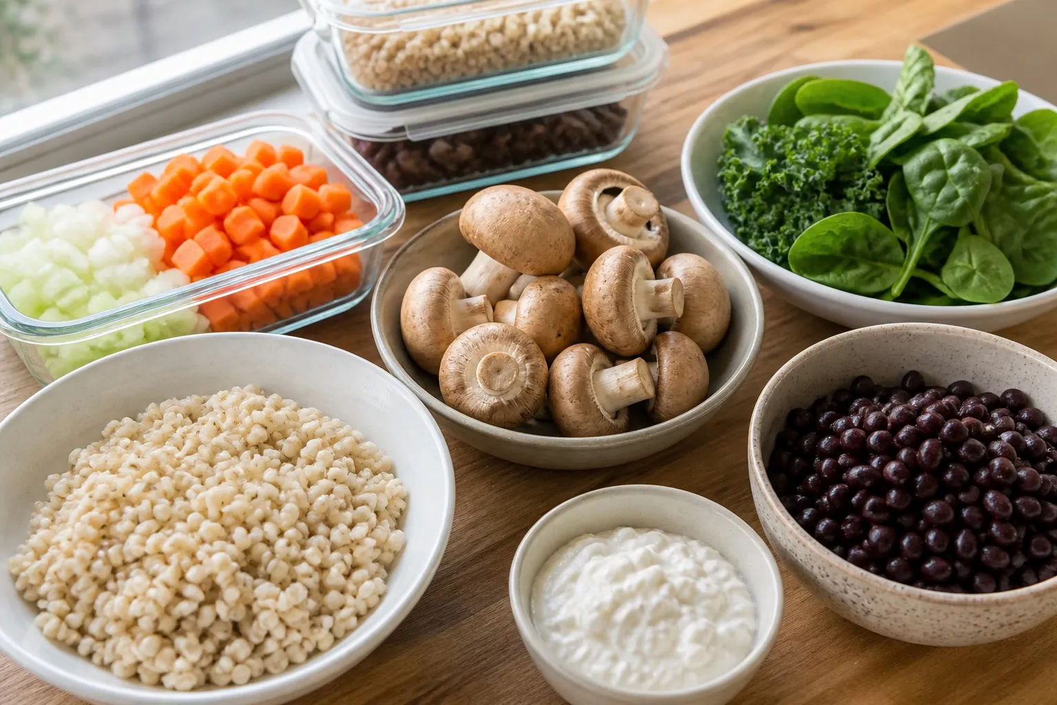 Cultivated mushrooms with barley, beans, leafy vegetables, and plain fermented food in a balanced meal-prep setting