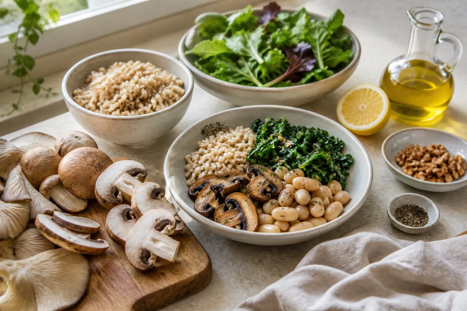 Cultivated mushrooms with whole grains, beans, leafy greens, olive oil, and lemon in a balanced meal setting