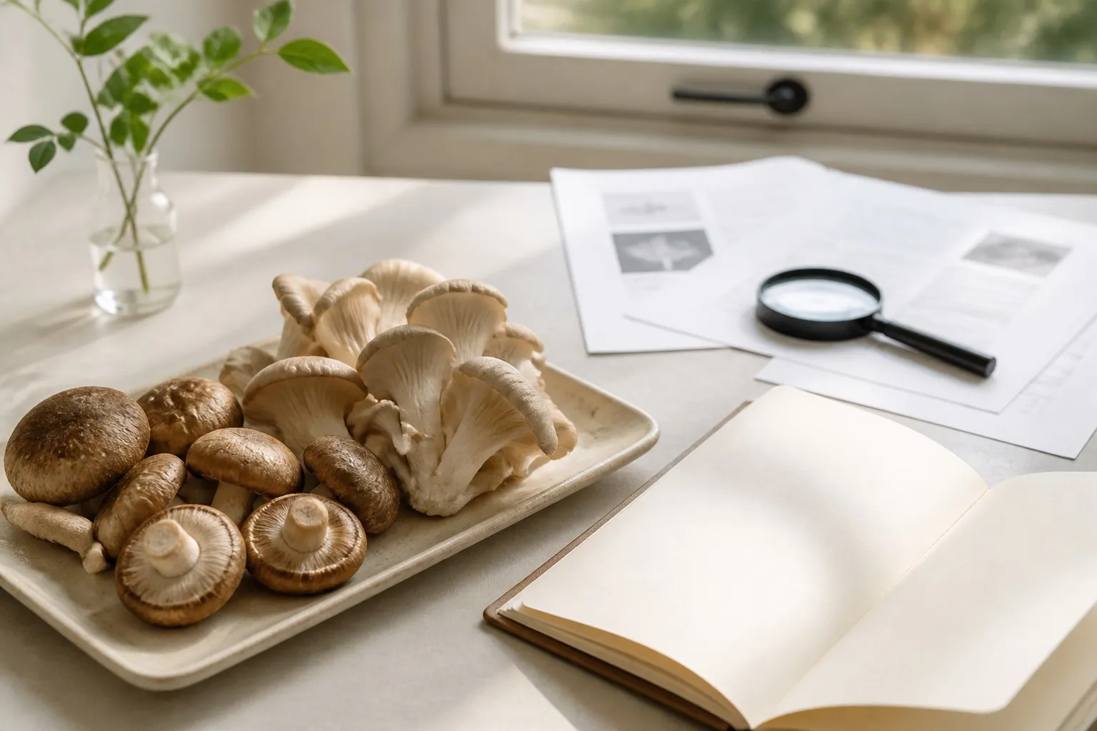 Fresh shiitake and oyster mushrooms beside research notes and a magnifying glass on a naturally lit table