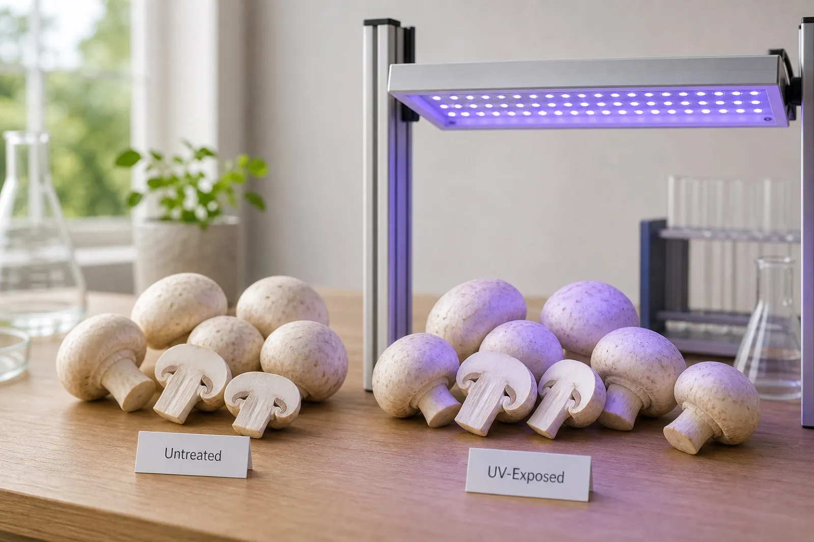 Cultivated button mushrooms shown before and during controlled ultraviolet exposure