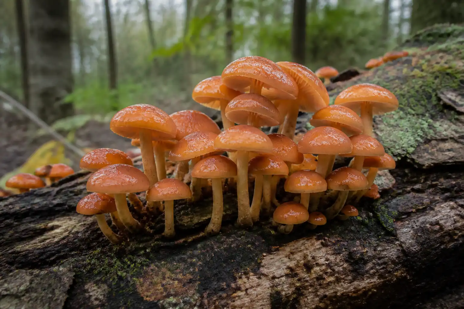 Cluster of glossy amber nameko mushrooms fruiting from a damp hardwood log