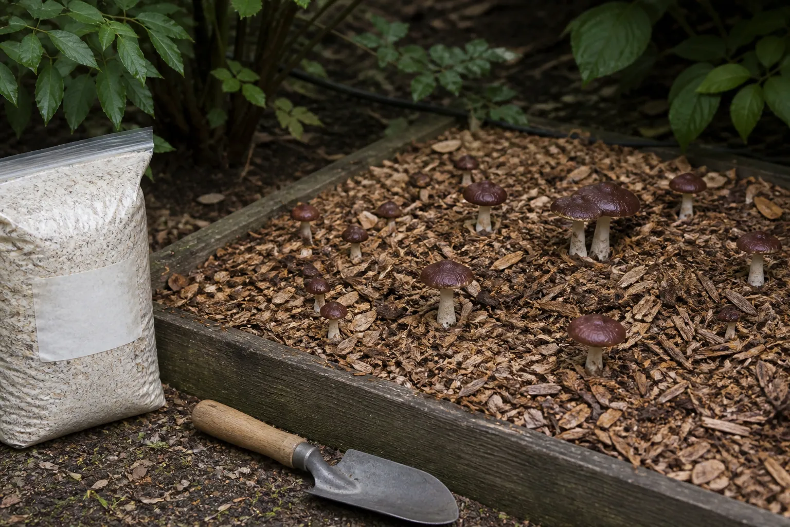 Shaded raised bed of hardwood chips with burgundy-capped cultivated mushrooms, a closed spawn bag, and a hand trowel