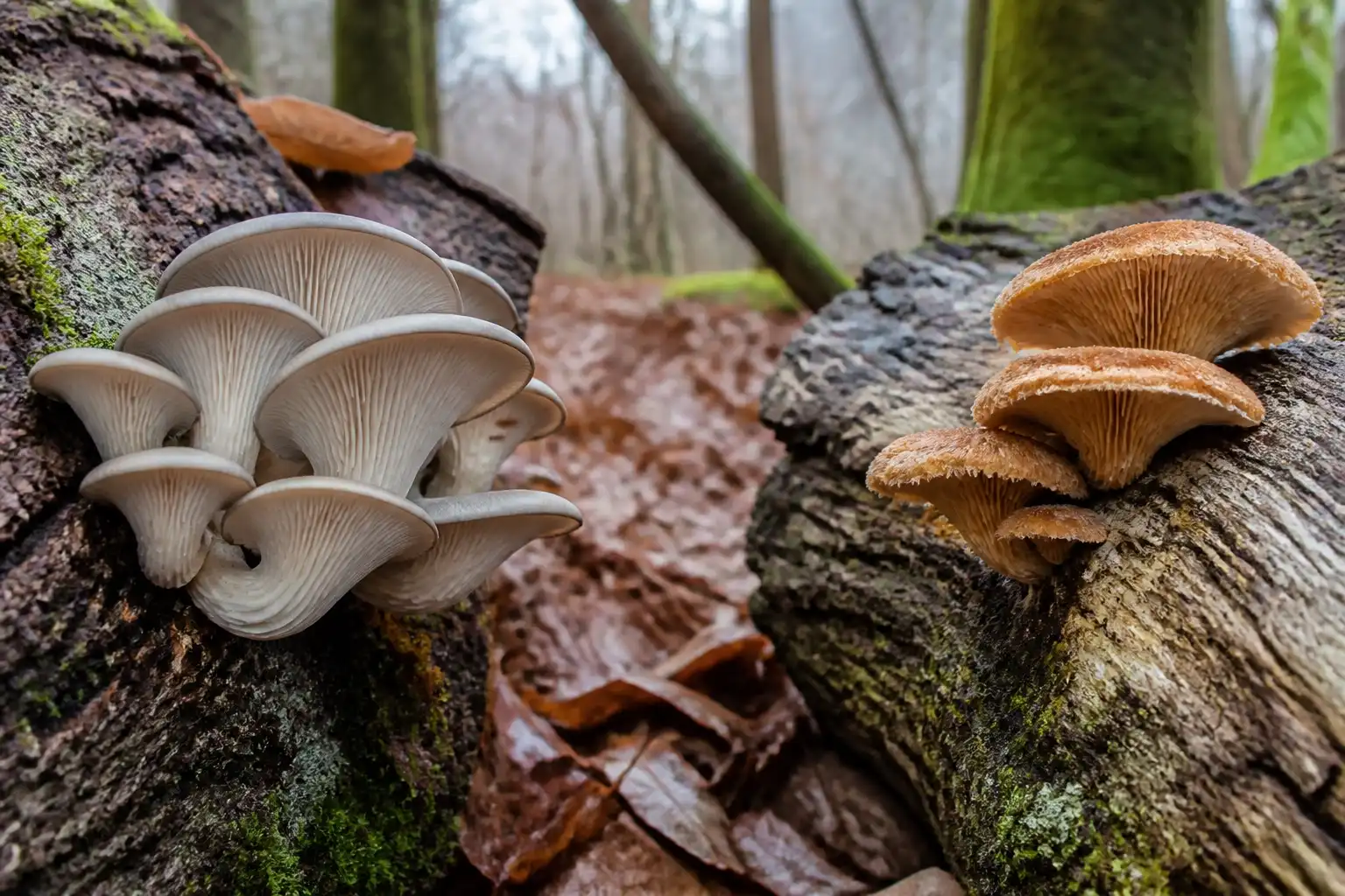 Pale oyster-like mushrooms and a contrasting brown shelf-like cluster on separate woodland logs