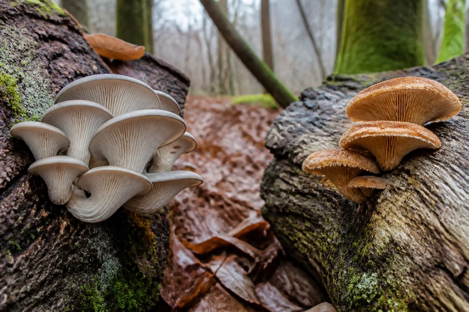 Pale oyster-like mushrooms and a contrasting brown shelf-like cluster on separate woodland logs
