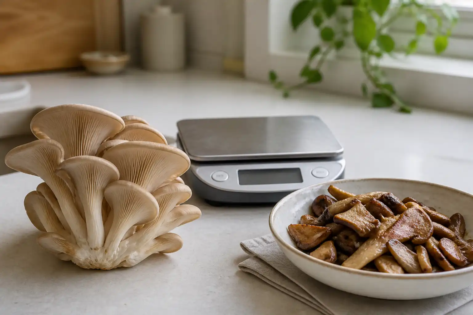 Cultivated oyster mushroom cluster beside a cooked serving and kitchen scale for a food-composition comparison