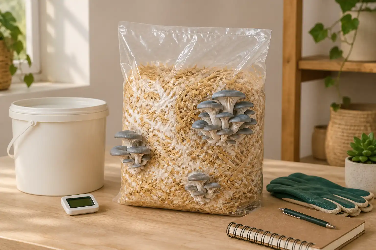 Bag of straw substrate colonized by oyster mushroom mycelium with blue-gray cultivated oyster mushroom clusters on a home workbench