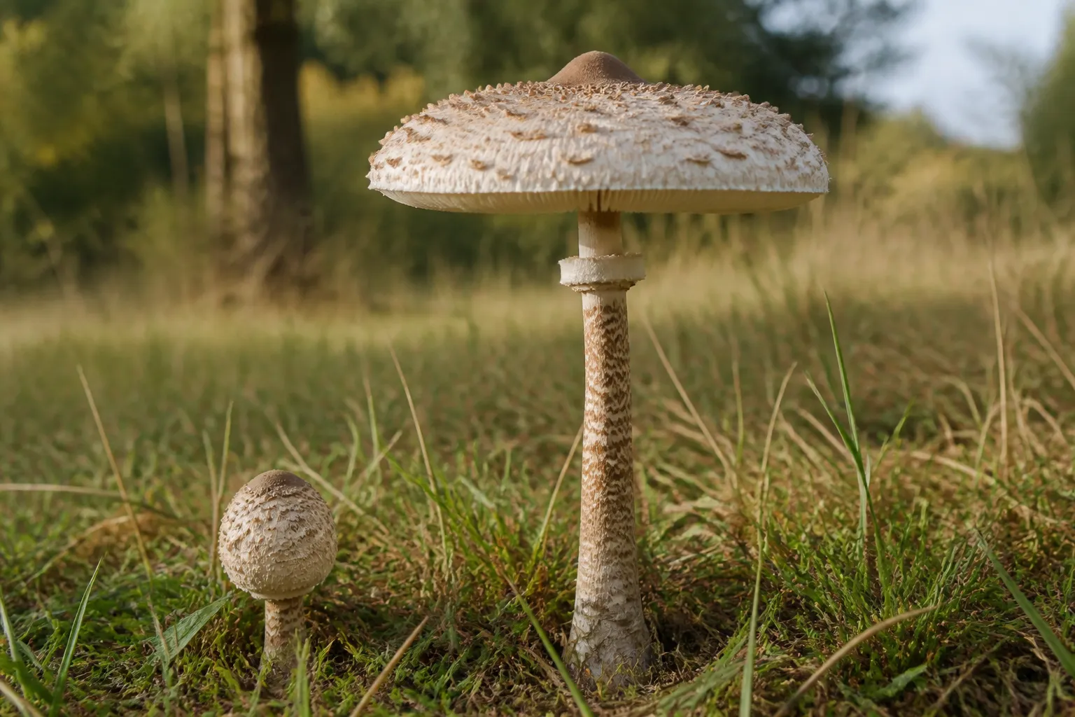 Tall parasol mushroom in grass with a scaled pale cap, brown central umbo, movable-looking ring, and snakeskin-patterned stem