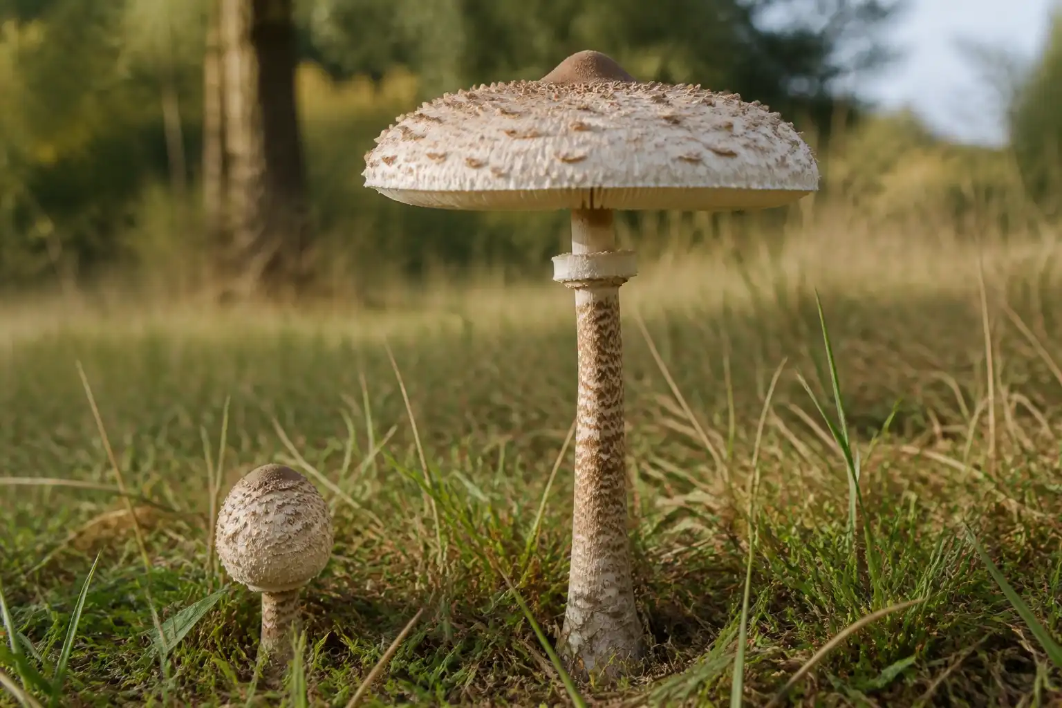 Tall parasol mushroom in grass with a scaled pale cap, brown central umbo, movable-looking ring, and snakeskin-patterned stem