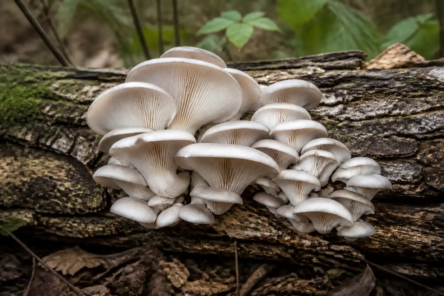 Pale Phoenix oyster mushrooms fruiting in a layered cluster from a fallen hardwood log