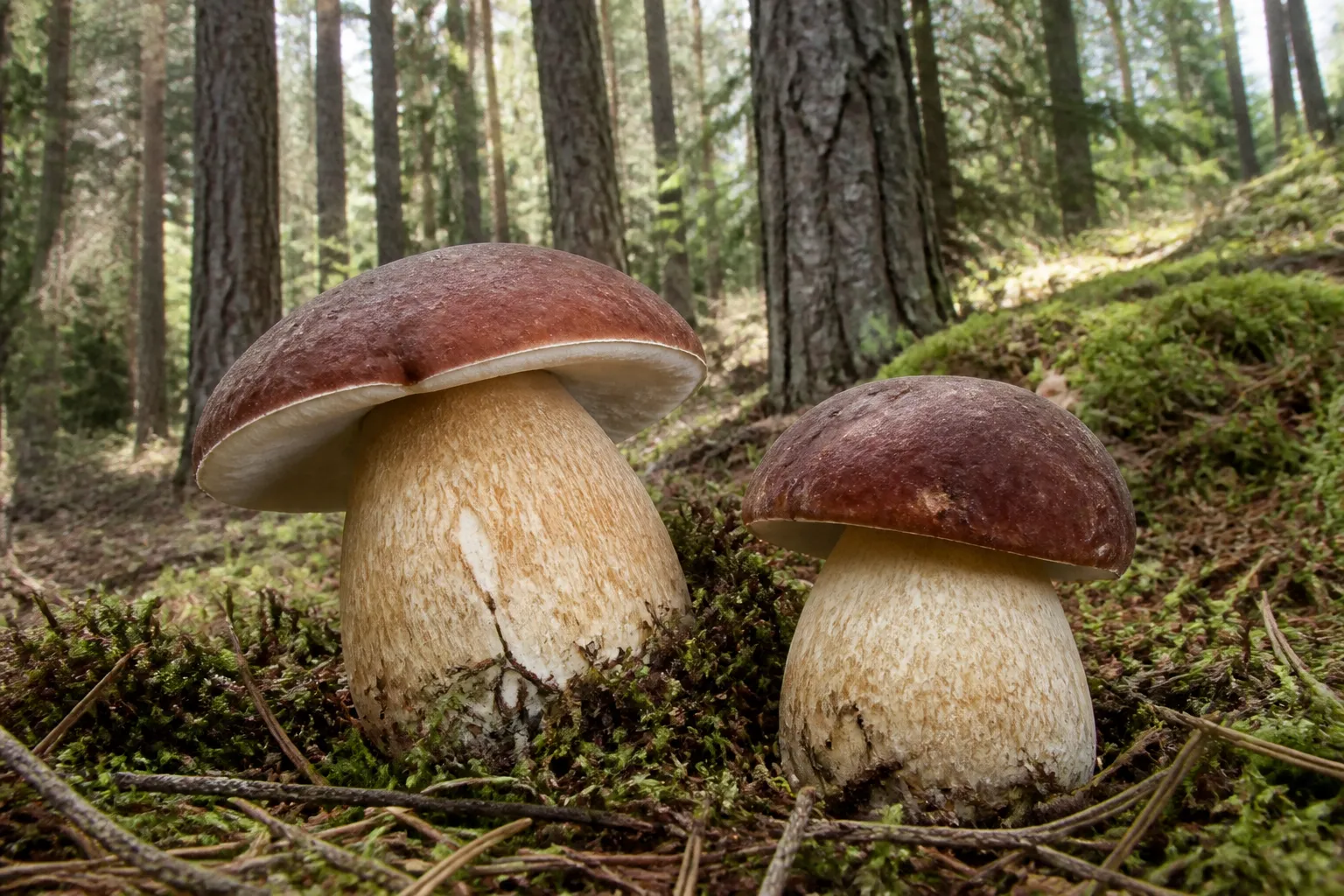 Two red-brown pine boletes with thick pale stems among moss and pine needles