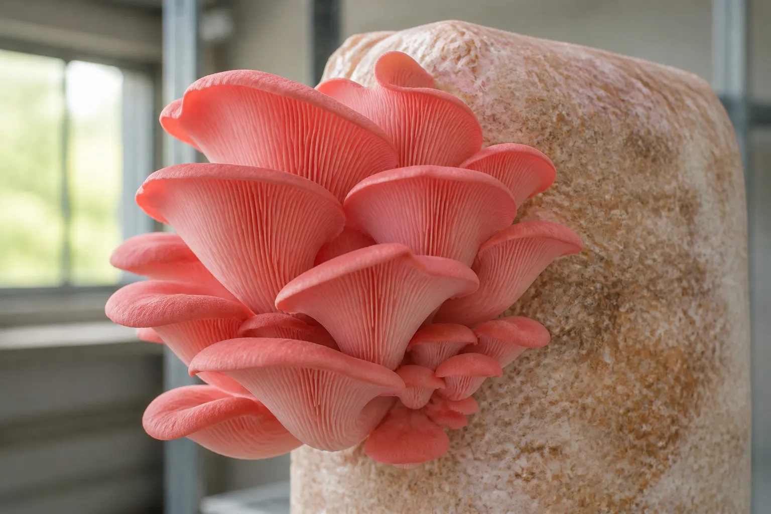 Coral-pink oyster mushrooms with decurrent gills fruiting from a cultivated substrate block